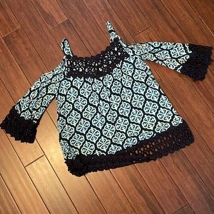 Blue and green cold shoulder blouse